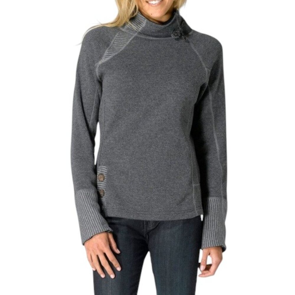 PrAna Lucia Wool Blend High Neck Drawstring Collar Sweater Size M-XL in Grey